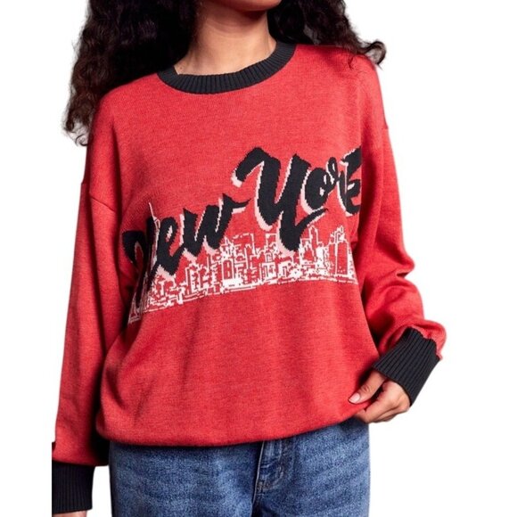 RVCA STELLA MAXWELL Skyline Sweater Sz L Red Black Colorblock New York Graphic - Picture 5 of 16